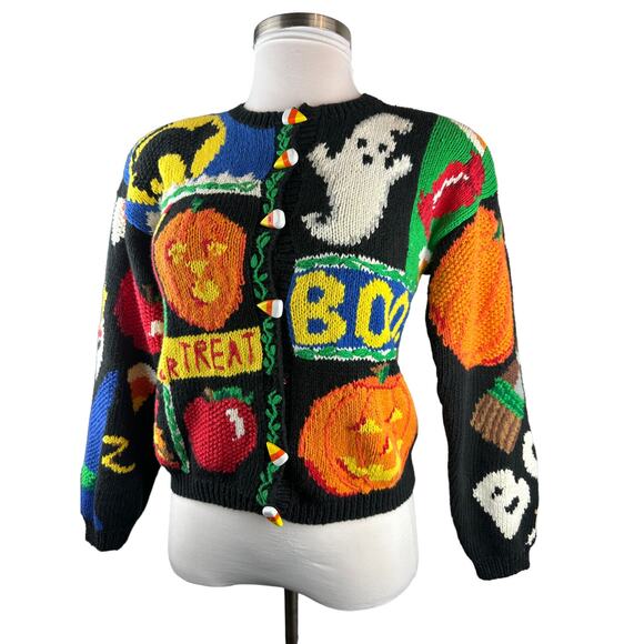 *Flawed The Eagles Eye Halloween Cardigan Sweater Hand Knit Candy Corn Buttons S - Picture 2 of 15
